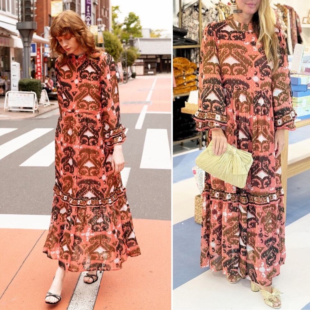 NWT Oliphant Mock Neck Ruffle Sleeve Maxi Dress in Uzbek Brick XXS